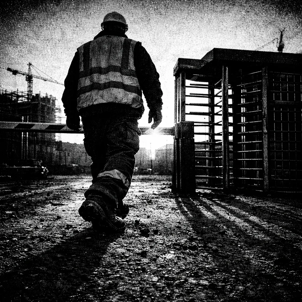 Worker approaching a UK construction site gate at dawn — high contrast black and white